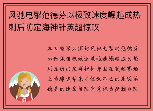 风驰电掣范德芬以极致速度崛起成热刺后防定海神针英超惊叹