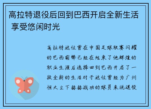 高拉特退役后回到巴西开启全新生活 享受悠闲时光 高拉特退役后回到巴西开启全新生活 享受悠闲时光