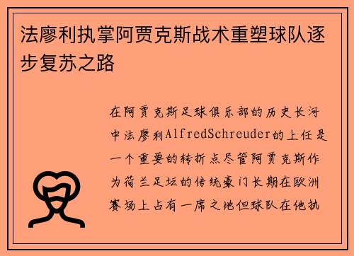 法廖利执掌阿贾克斯战术重塑球队逐步复苏之路